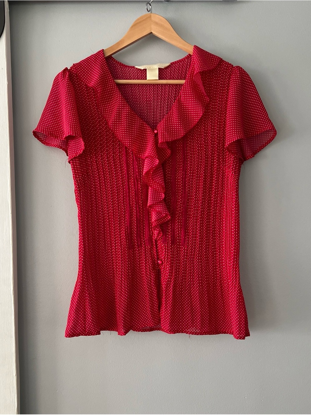 VTG New York City Design Co Ruffled Lace Front Pleated Red Polka Dot Blouse Sz M
